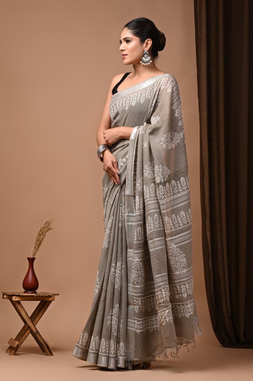 Hand Block Printed Linen Saree with Blouse